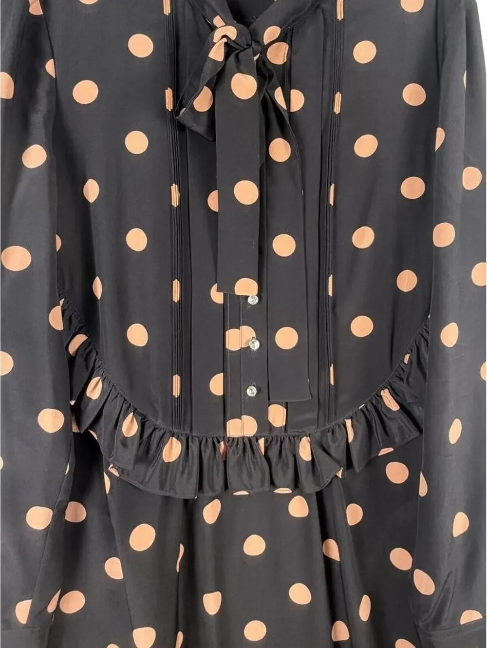 Tory Burch Polka Dot Silk Dress Ruffle Tie Neck Crystal Button Long Sleeve Sz 10